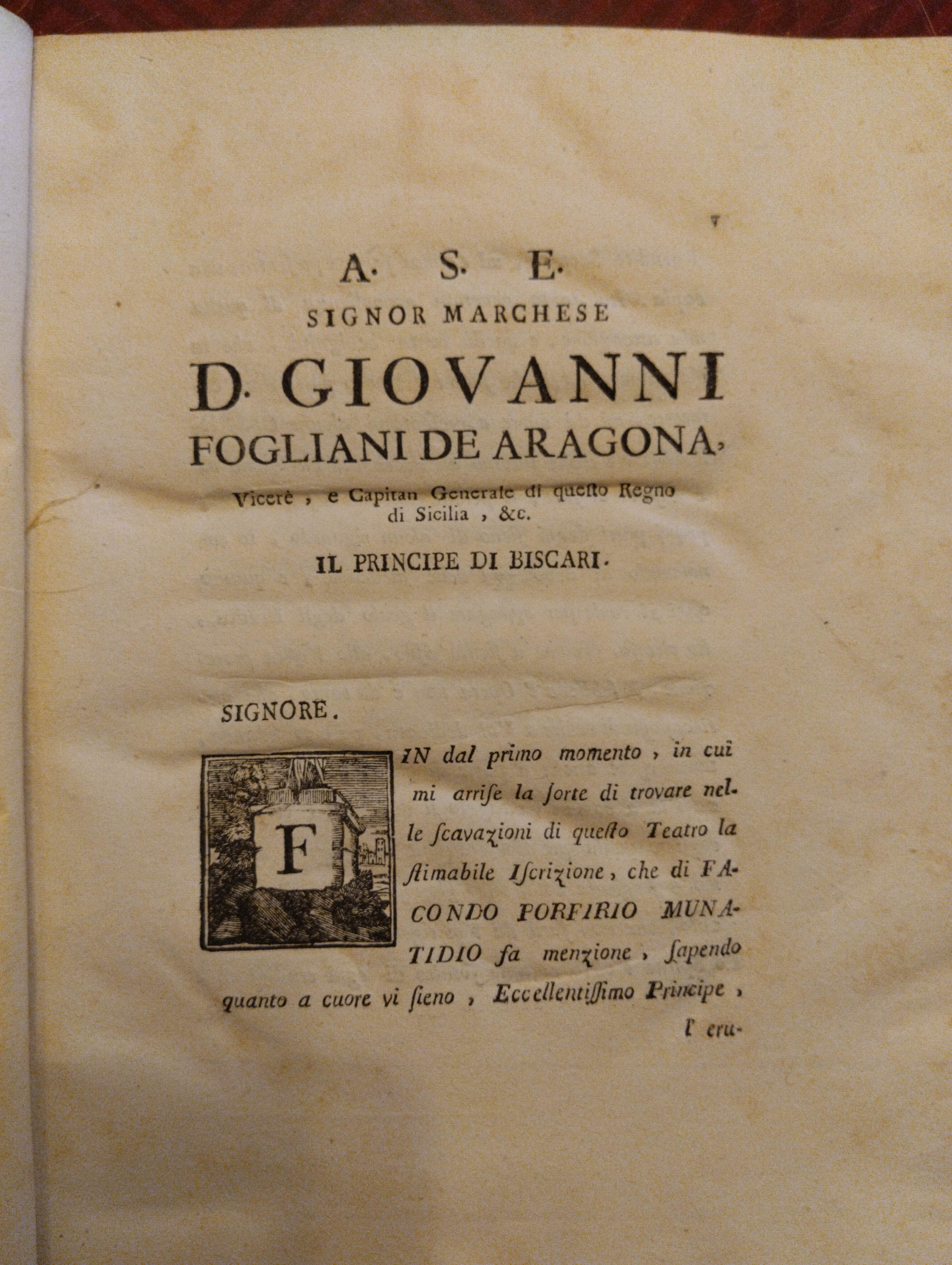 Il Principe di Biscari - Lettera dedicatoria a Giovanni Fogliani de Aragona