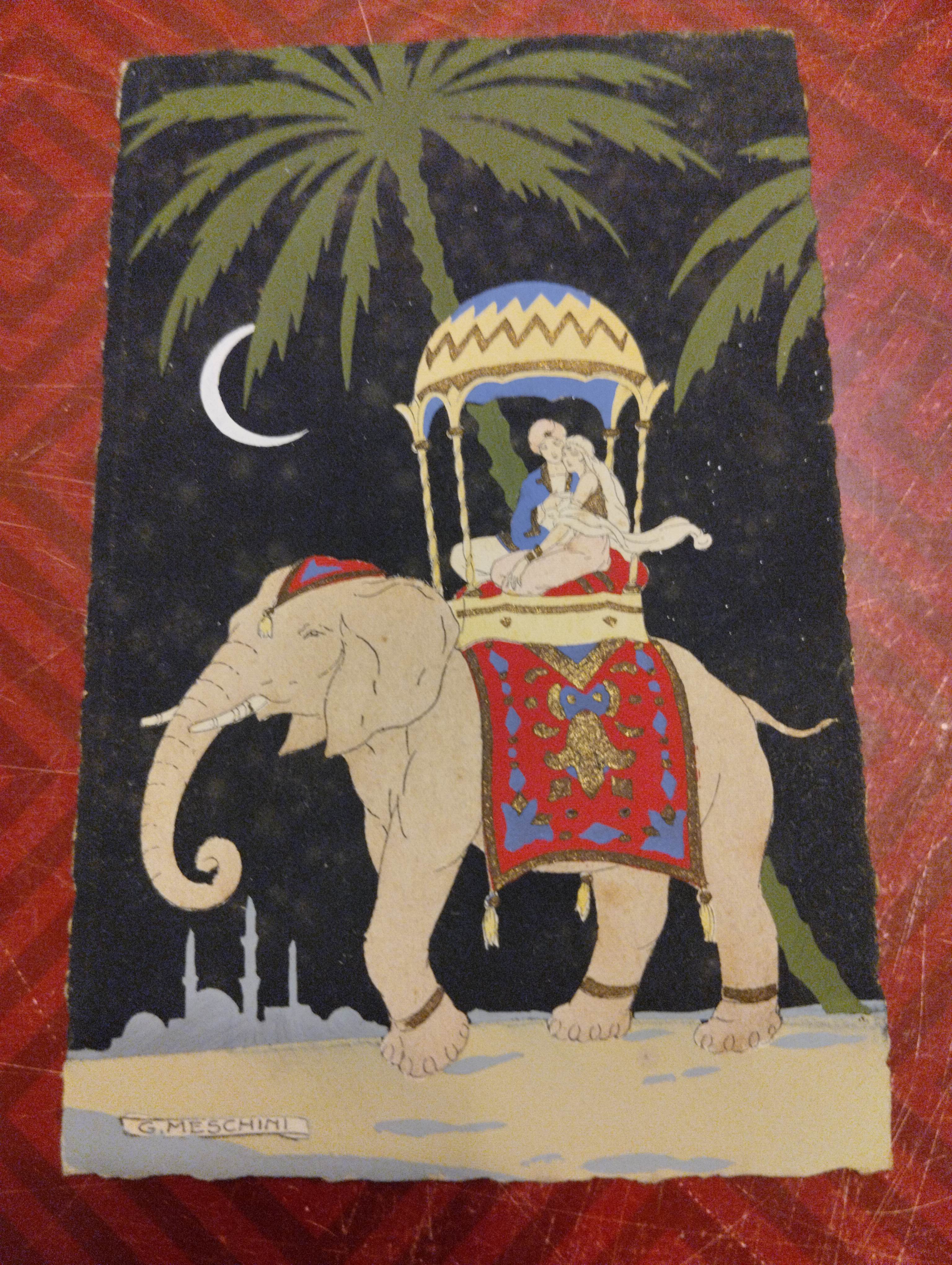 Scena orientalista con elefante e figura femminile