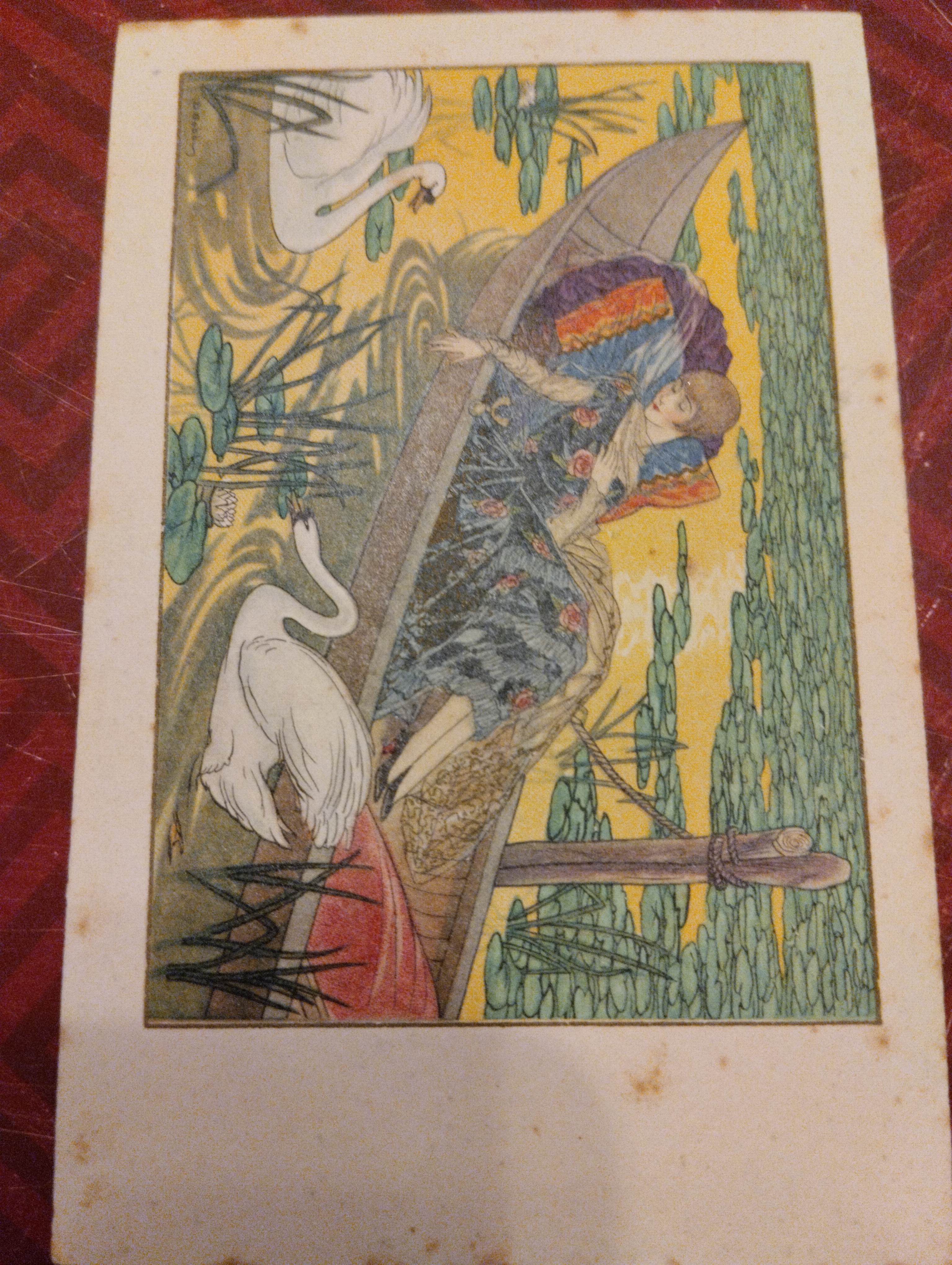 Illustrazione Art Nouveau con figure femminili e uccelli acquatici