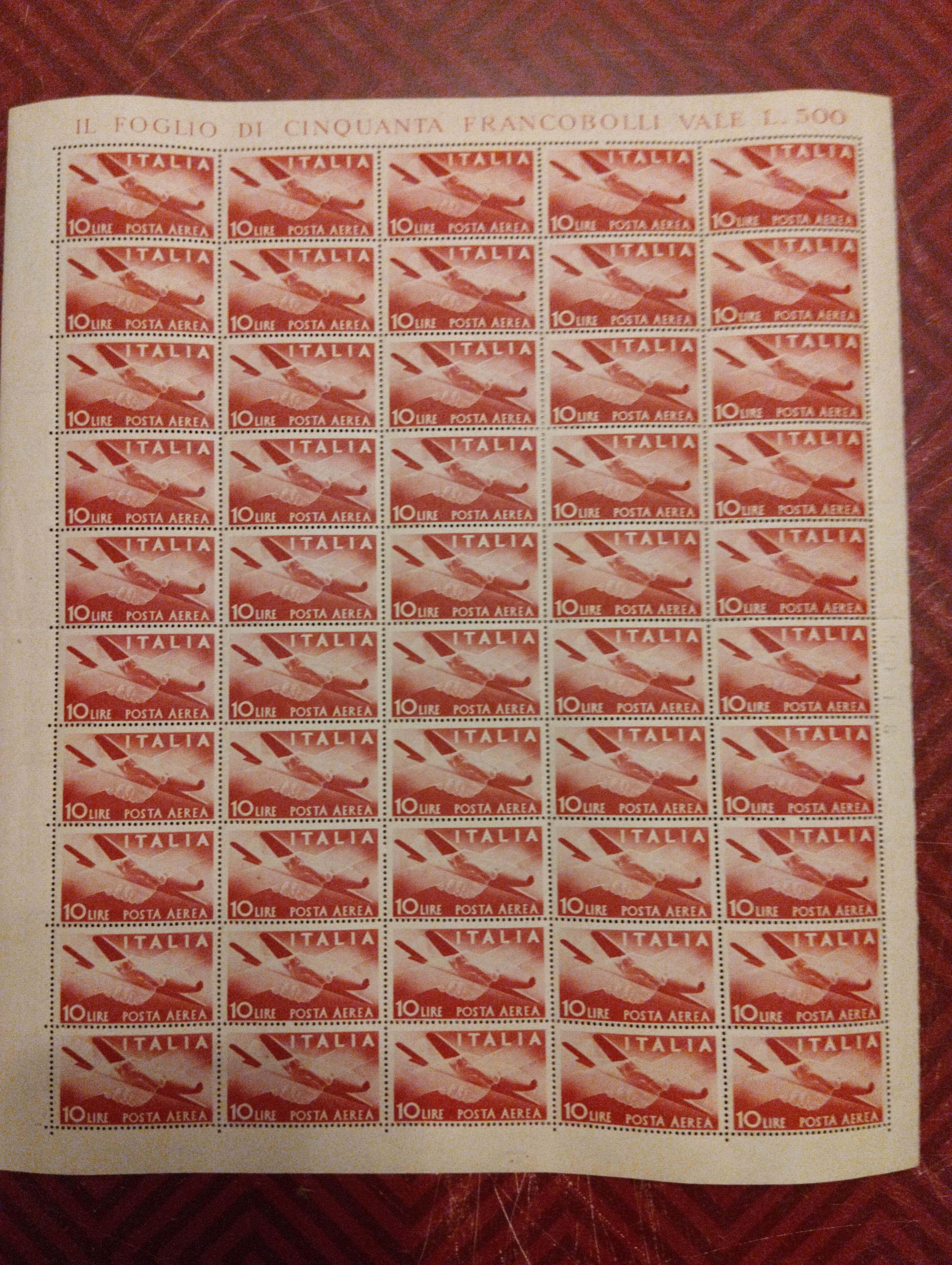 Foglio di 50 francobolli Posta Aerea Italia 10 Lire